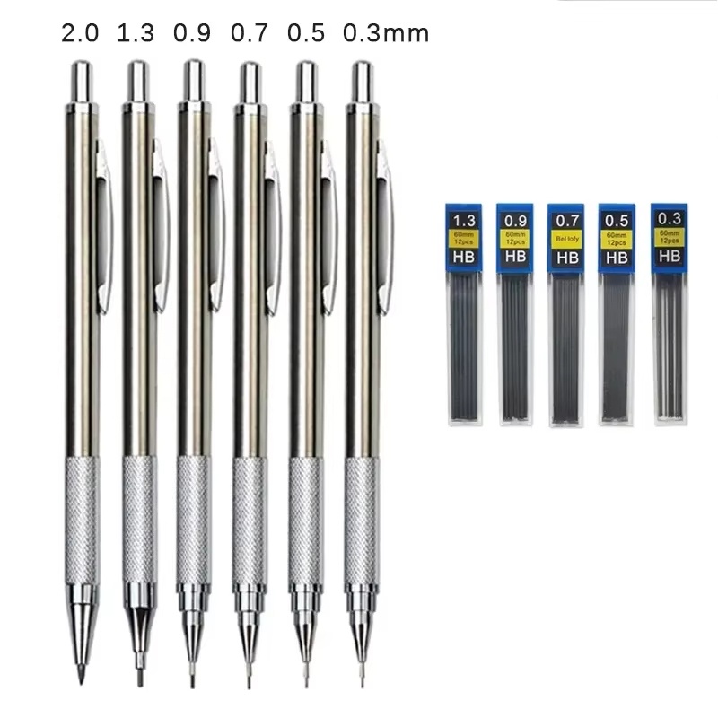 Mechanical Pencil 0.3 - Metalen Mechanische Potloodset 0.3/0.5/0.7/0.9/1.3/2.0mm Tekening Automatische